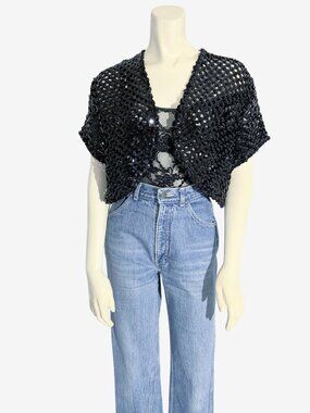 Vintage Black Sequin Woven Sweater Knit Shrug / size Small